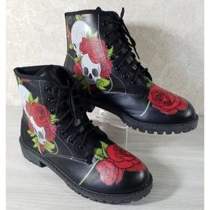 Skull Roses Combat Boots Women's Hardy Goth Festival Rave Sz 43  Red & Black